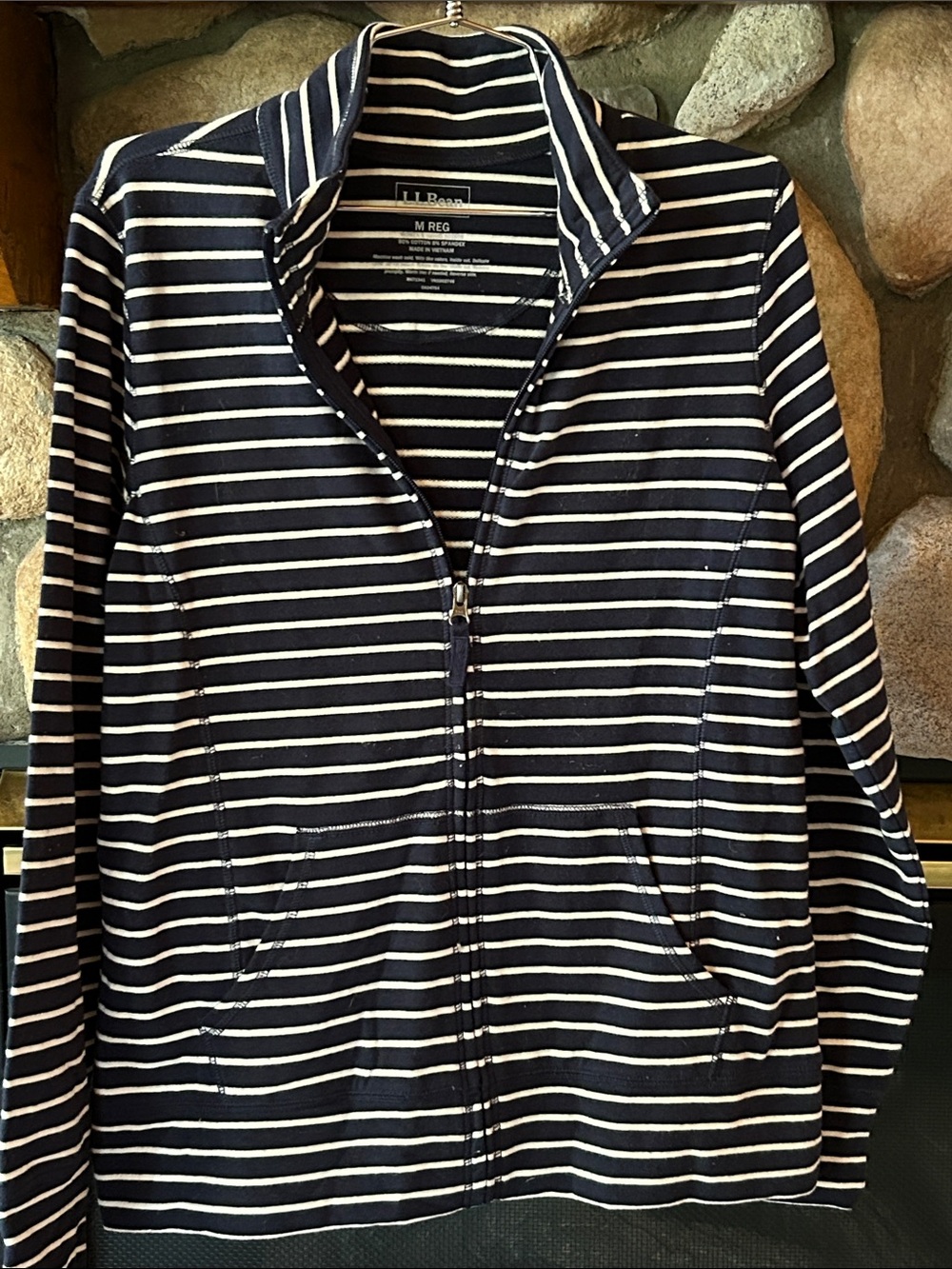 LLBean Women’s Navy Striped Full Zip Mock Neck Jacket, Size M, NWT